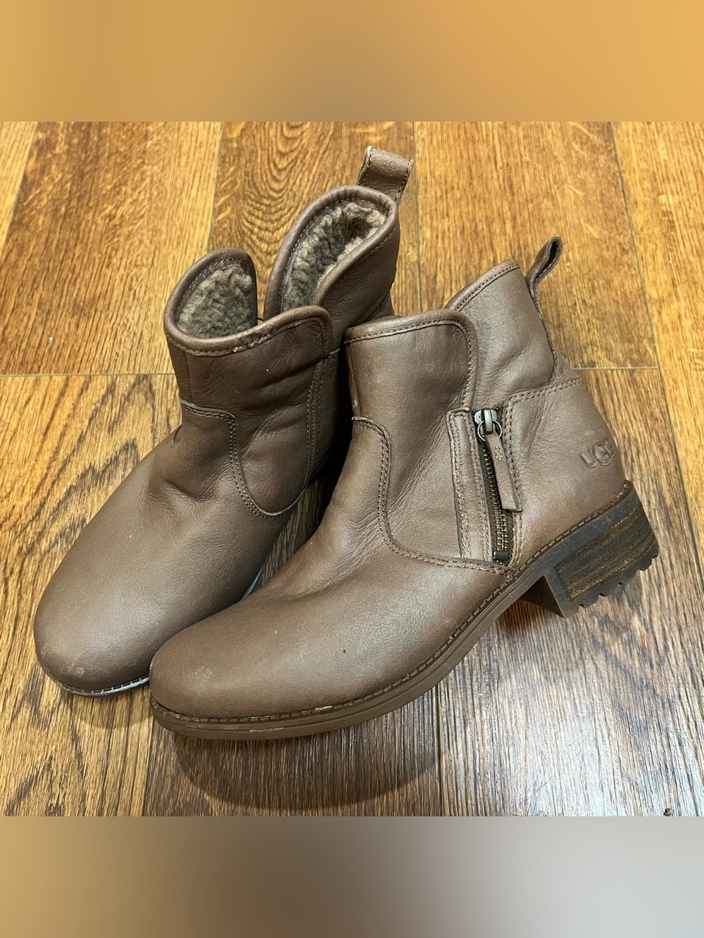 UGG Brown Leather Shearling-Lined Zip Ankle Boots